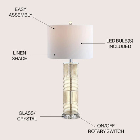 Champagne Glass and Crystal Table Lamp With White Faux Silk Drum Shade, LED Bulb Included, ETL Listed, easy assembly features.