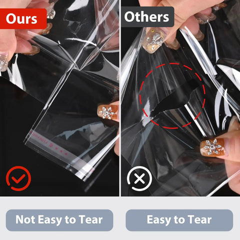 Comparison of self sealing cellophane bags showing durability in avoiding tears for 8.5x11 photo mats, 100 pack.