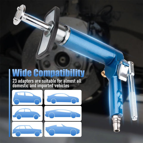 Pneumatic brake caliper wind-back tool kit with 23 adapters, blue aluminum body for brake pad replacement.