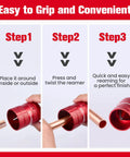 ROGVOC red deburring tool for 1/4 to 1-5/8 inch PVC, copper and aluminum tubes; three-step how-to graphic