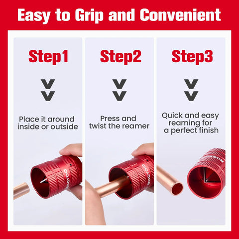 ROGVOC red deburring tool for 1/4 to 1-5/8 inch PVC, copper and aluminum tubes; three-step how-to graphic