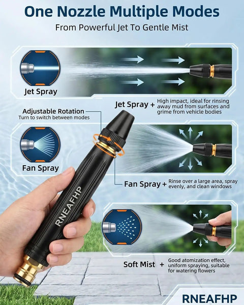 Diagram showing Turbo Boost High Pressure Water Gun With Booster Nozzle modes: jet, fan, and soft mist. Hand holding nozzle.