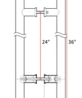 Diagram of 36 inch double sided ladder style push pull stainless door handle with dimensions for installation on steel, aluminum, glass doors.