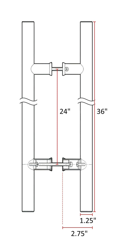 Diagram of 36 inch double sided ladder style push pull stainless door handle with dimensions for installation on steel, aluminum, glass doors.