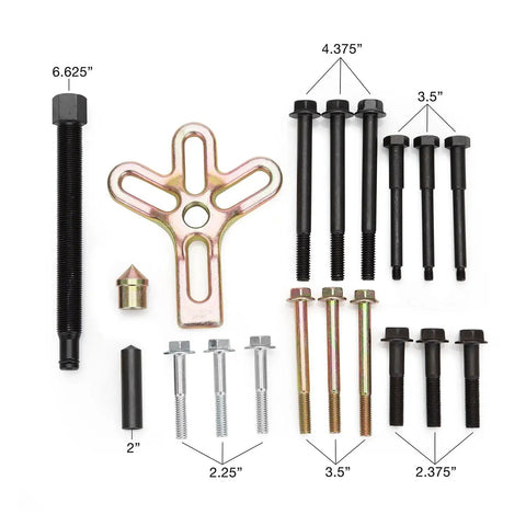 Pro Grade Harmonic Balancer Puller Kit For GM 3300 3800 V6 Engines with Metric and SAE bolts, includes bolts and puller tool.