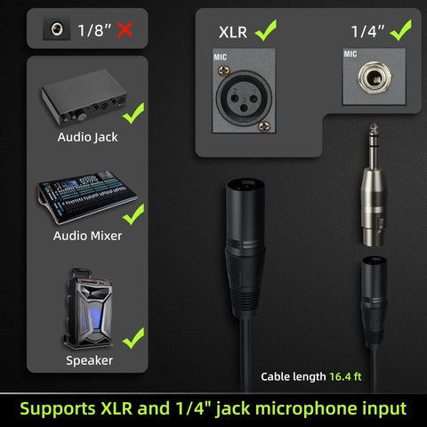 Wired XLR Dynamic Microphone For Singing And Live Gigs, Cardioid Handheld Mic supports XLR and 1/4" jack inputs shown with audio equipment
