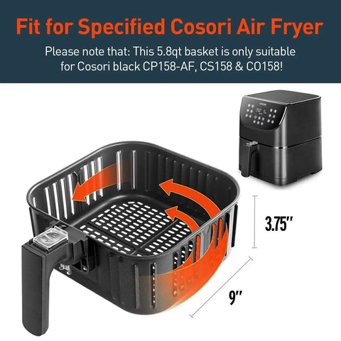 Replacement 5.8 Quart Air Fryer Basket For CP158 AF CS158 AF CO158 AF Models showing basket dimensions and fit
