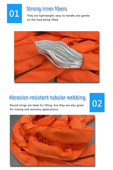 Close-up of orange Heavy Duty Round Sling Workhorse 22000Lb 13Ft Polyester Rigging Sling showing fibers and tubular webbing