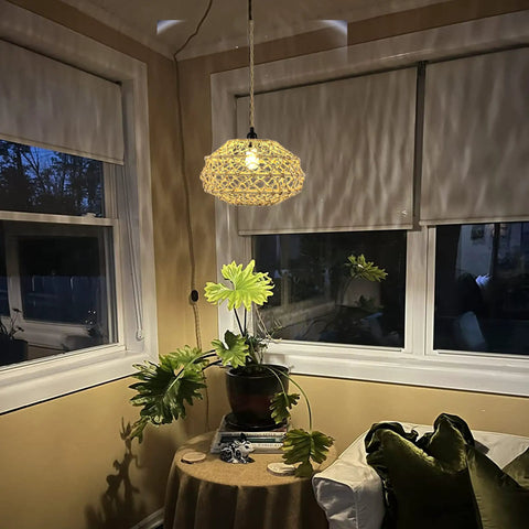 Boho Macrame Pendant Light With Plug In Cord And Dimmer Switch Dark Linen Hemp Rope Lampshade Hanging Light Fixture for Living Room