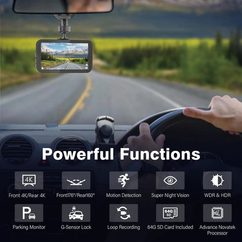 Ultra Crisp Dual Dash Cam Front And Rear 4K Plus 2.5K UHD mounted on car windshield, displaying road view, features listed below.