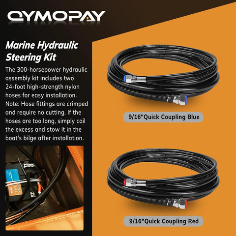 300HP Marine Hydraulic Steering Kit with 24-foot nylon hoses and bi-directional locking cylinders, single engine outboard system