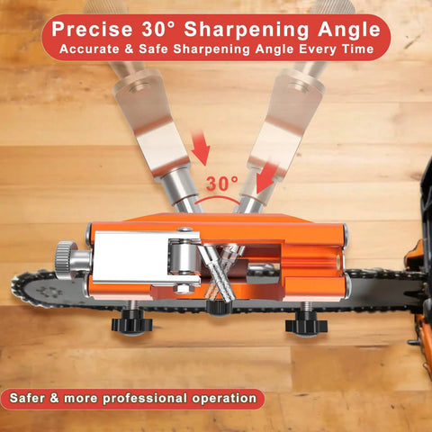 Chainsaw Sharpener Jig Kit Pro Grade Portable Sharpening Tool With 3 Grinding Stones And Cleaning Brush Manual Chain Saw Blade Sharpener showing 30-degree angle setting on chainsaw bar.