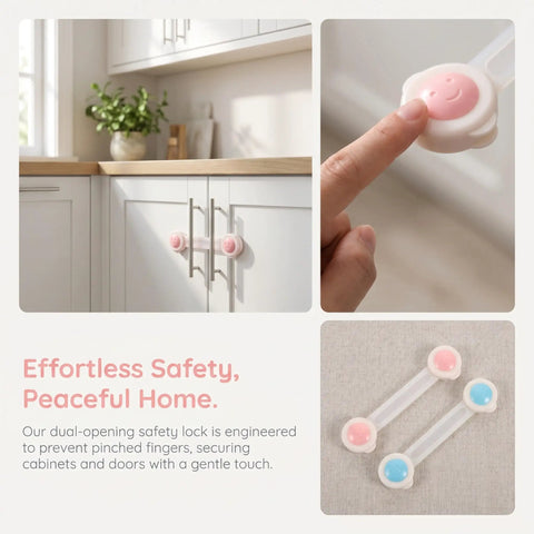 8 Pack Baby Proof Cabinet Locks No Drill Adhesive Mount Safety Locks shown on kitchen cabinets and in close-up detail