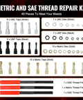 Front view of a 49-piece thread repair kit with UNC/UNF and metric taps and dies in silver, black, and gold in a storage case