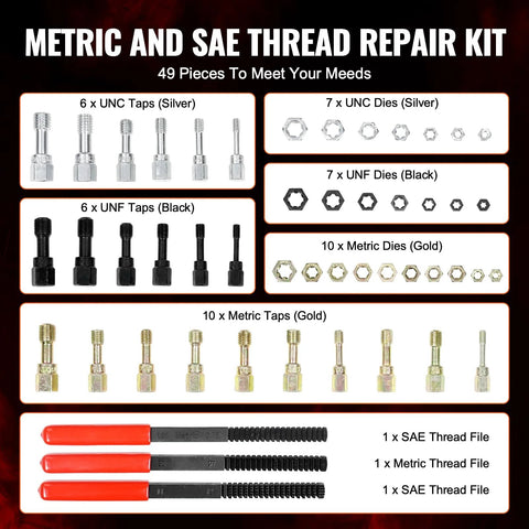 Front view of a 49-piece thread repair kit with UNC/UNF and metric taps and dies in silver, black, and gold in a storage case