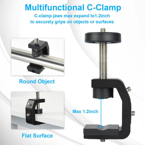 Heavy Duty Super Clamp Mount Workhorse With Mini Ball Head And 1/4 Inch Screw Hot Shoe Adapter showcasing C-clamp on surfaces