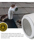 R1508 Termination Cap Vent Cover Mesh Screen for Round Furnace PVC Pipe installed on roof, blocking rodents, 2 inch diameter.