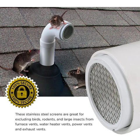 R1508 Termination Cap Vent Cover Mesh Screen for Round Furnace PVC Pipe installed on roof, blocking rodents, 2 inch diameter.