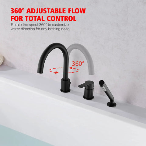 Matte Black Roman Bathtub Faucet For 3 Hole Deck Mount Installation With Brass Handheld Shower Sprayer 59 Inch Hose