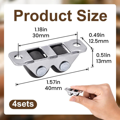 Product size image showing Four Pack Mini Rigid Caster Wheels Double Row Steel Brackets With Brown Polyurethane Treads dimensions.