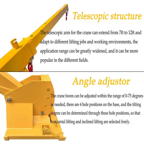 Built Like A Tank 6600 Lb Forklift Telescopic Jib Boom arm showing telescopic structure and adjustable angle for lifting.