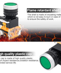 Green momentary push button switch with flame retardant shell and plastic cap from two pack self reset 1NO 1NC DPST Ui 690V Ith 10A AC 15 DC 13
