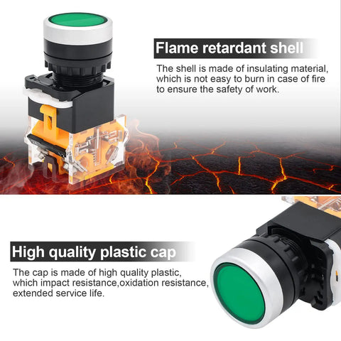 Green momentary push button switch with flame retardant shell and plastic cap from two pack self reset 1NO 1NC DPST Ui 690V Ith 10A AC 15 DC 13