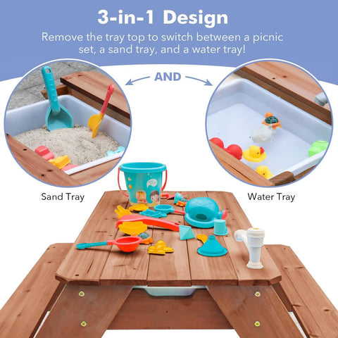 Kids 3-In-1 Sand And Water Table With Wood Outdoor Convertible Picnic Table Umbrella Two Trays Removable Top With Faucet