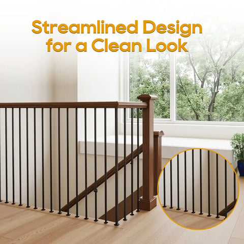 Thirty Pack Heavy Duty Wrought Iron Balusters 1/2 By 44 Inch, Knockout Black Finish, Square Hollow Staircase Spindles in a modern design.