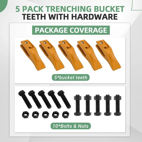 Five Pack Trenching Bucket Teeth For Backhoe And Skid Steer Bolt On Five Eighth Inch Lip Includes Bolts And Nuts Heavy Duty
