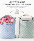 Two Pack Large Wet Dry Bags For Swimwear And Laundry, Waterproof Travel Organizer with checkered design, showing contents inside
