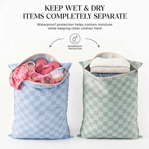 Two Pack Large Wet Dry Bags For Swimwear And Laundry, Waterproof Travel Organizer with checkered design, showing contents inside