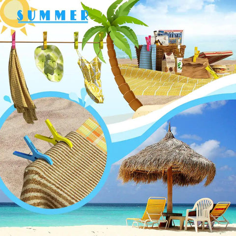 Heavy Duty Beach Towel Clips For Chairs And Loungers securing towels under sunny palm on beach with sea view