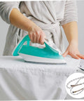 Person ironing with a steam iron, featuring Medium Temperature Steam Hose for Steam Irons, 3 Meter High Pressure Tube inset image.