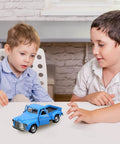 Two children playing with Little Blue Truck Pull Back Toy Car With Opening Door, Vintage Alloy Mini Pickup For Desk Cabinet Bookshelf Display.