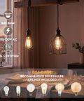 Stylish Harwez Matte Black Industrial Vintage Mini Pendant Light Kit E26 LP-0661 with two unique bulbs and metal cage design.