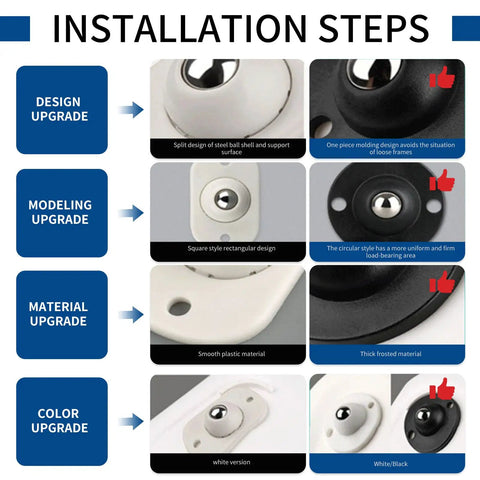 Installation steps for Smooth As Butter Low Profile Swivel Caster Wheels For Furniture With Easy Peasy Self Adhesive Mounting Just Point Five Three Inches Tall Black Four Pack No Drill Heavy Duty Appliance Rollers.