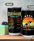 Front and back of Electrician Gift For Men 20oz Travel Coffee Tumbler Mug With Meaningful Script in black on a table.