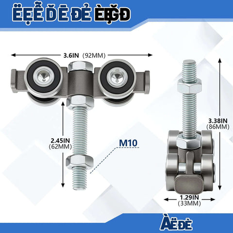 Diagram showing Hidden Bolt Design 4 Wheel Silent Trolley Rollers with dimensions and M10 bolt for 1-5/8 inch channels.