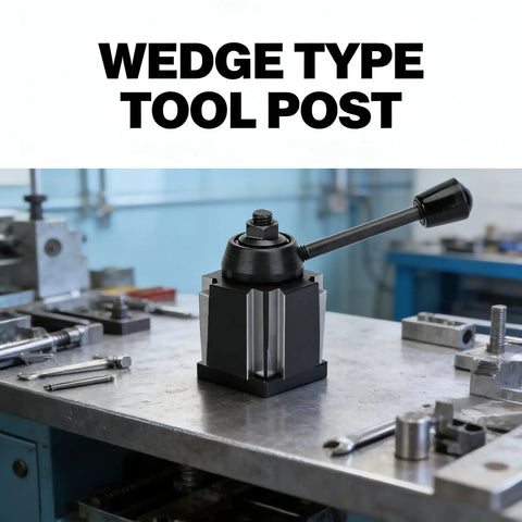 Wedge Type Tool Post Boring Holder for CNC Machining in high speed steel on workshop table with tools.