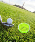 66mm Circular Bubble Spirit Level With Degree Marked Surface, Round Acrylic Level Tool For Precise Layouts And Measuring, Non Sticky 10mm Thick, 2.59 Inch Diameter. on golf grass beside club and ball