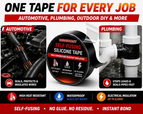 Image showing Self Fusing Silicone Tape 1 Inch By 5 Feet Black Emergency Repair Tape That Bonds To Itself For Waterproof Seal Heat Resistant Insulating And Chemical Resistant No Residue Ideal For Automotive Electrical Outdoor Use on automotive wiring and plumbing pipes with benefits highlighted.