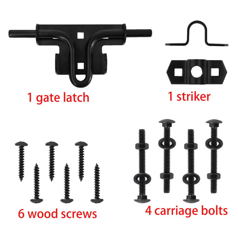 Heavy Duty Slide Bolt Gate Latch Featuring Reliable Padlock Hole For Wood Fences And Vinyl Gates with gate latch, striker, screws, and bolts.