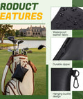 Valuables Golf Pouch Set Two Pack PU Leather Tee Bags with Waterproof Zippers and Velvet Lining, hanging on golf bag.