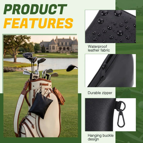 Valuables Golf Pouch Set Two Pack PU Leather Tee Bags with Waterproof Zippers and Velvet Lining, hanging on golf bag.