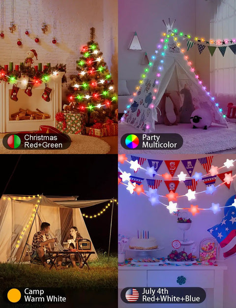 Different scenes with Lit 32 8Ft RGB Fairy Lights With 66 Acrylic Star LEDs in Christmas, party, camping, and July 4th setups.
