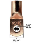 Pack Of Ten 1/0 Gauge Copper Ring Terminal Connectors With Red Black Heat Shrink Tubing 3/8 Inch Stud For Heavy Duty Car Audio Power Wiring That Will Keep Your Bass Rig Amped Up Daily showing a close-up of a copper ring terminal with a 3/8 inch hole.