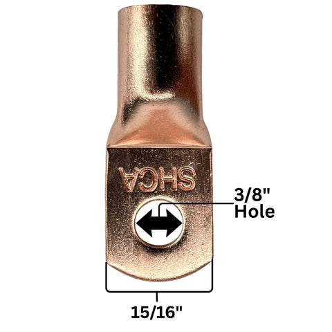 Pack Of Ten 1/0 Gauge Copper Ring Terminal Connectors With Red Black Heat Shrink Tubing 3/8 Inch Stud For Heavy Duty Car Audio Power Wiring That Will Keep Your Bass Rig Amped Up Daily showing a close-up of a copper ring terminal with a 3/8 inch hole.