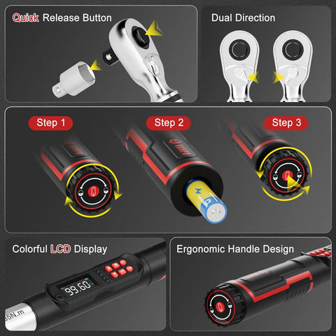 Three Eighths Inch Pro Grade Digital Torque Wrench With Backlit LCD 5 To 99.6 Ft-Lb 6.8 To 135 Nm Fast Adjust Controls Beep LED And Vibration Alerts Ideal For Automotive Motorcycle And Bike Maintenance
