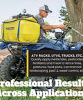 25 Gallon Platinum Spot Sprayer With Prime Pump Delivers 60 Psi For Heavy Duty Ag Work Polyethylene Tank mounted on ATV for easy herbicide application.